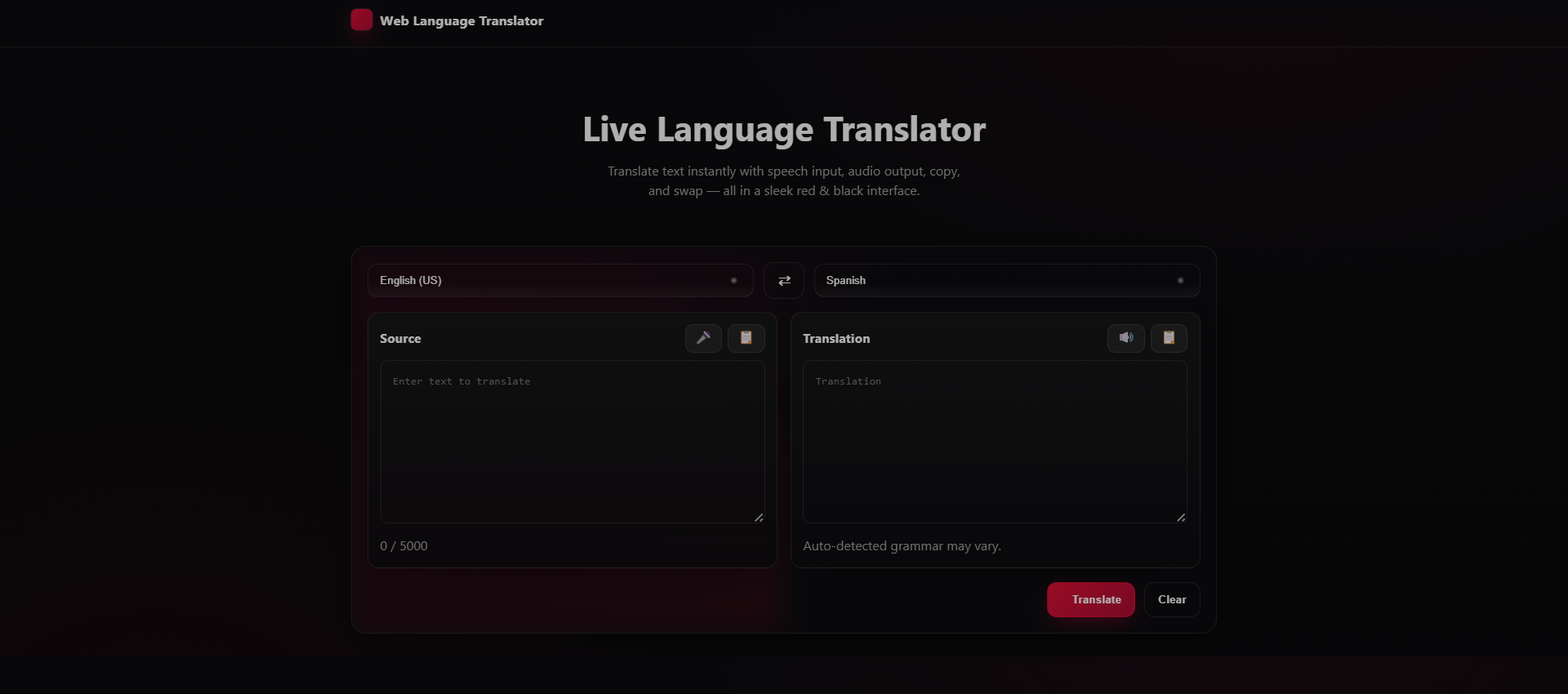Web Language Translator interface